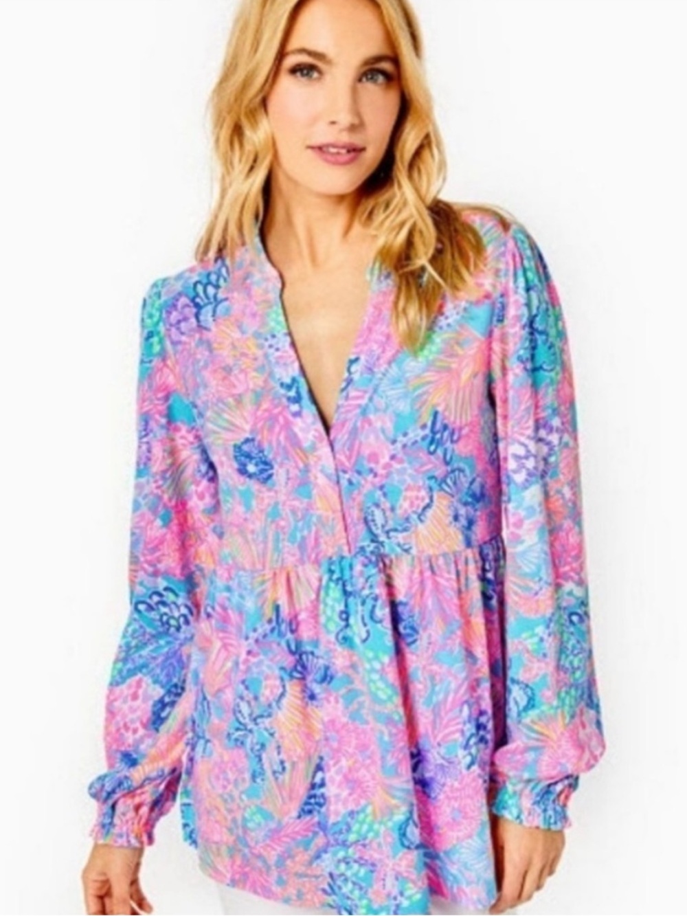 Lilly Pulitzer Winona Knit Tunic Top Multi Splendor in the Sand Pink Blue Size L